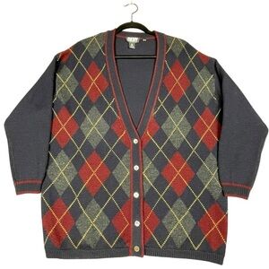 DKNY Wool Argyle Preppy Collegiate Grandmacore Relaxed Cardigan Sweater *
